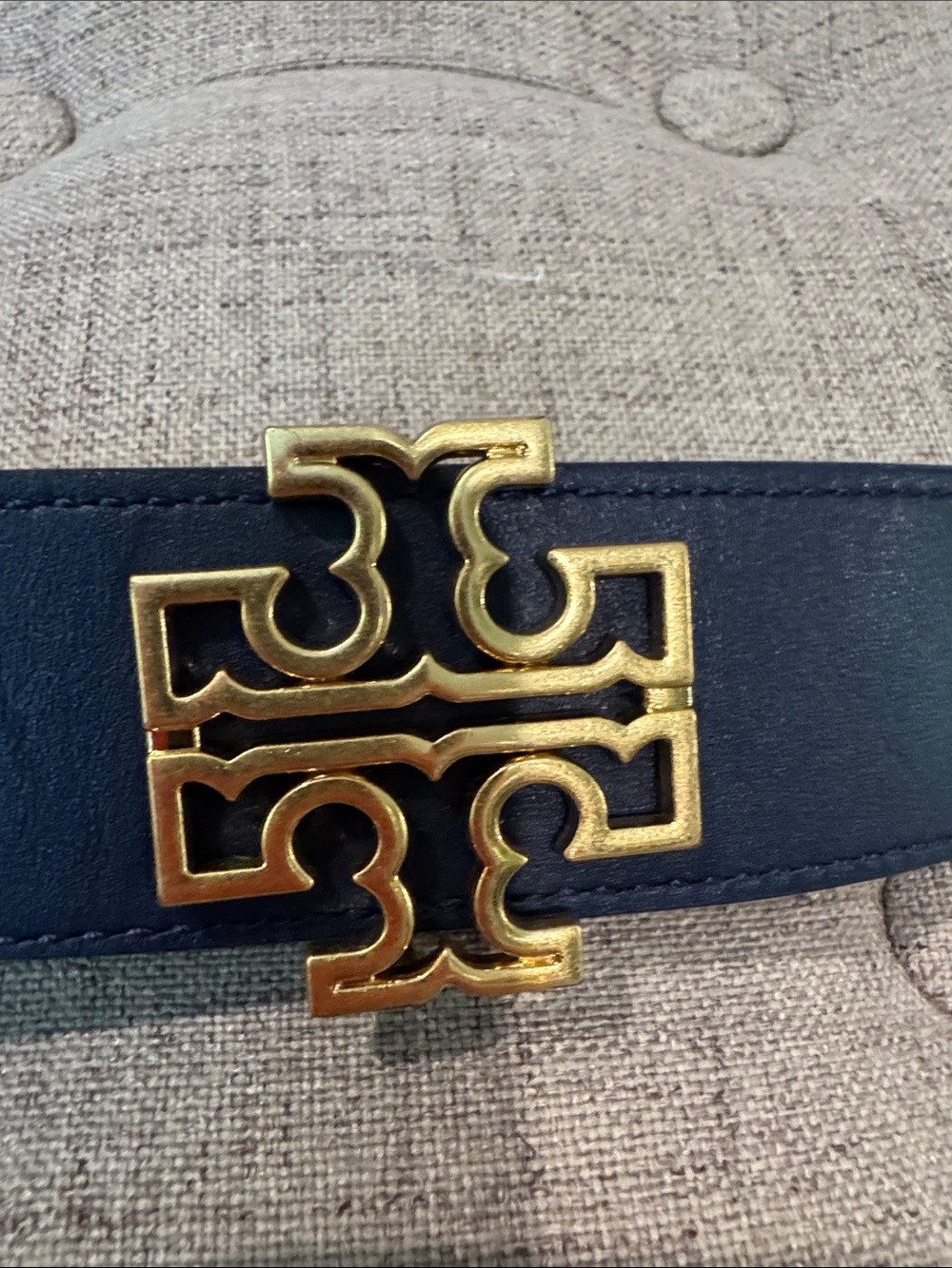 Tory Burch Blue Leather Belt with Gold Logo Buckle - reversible navy/black - Picture 2 of 2